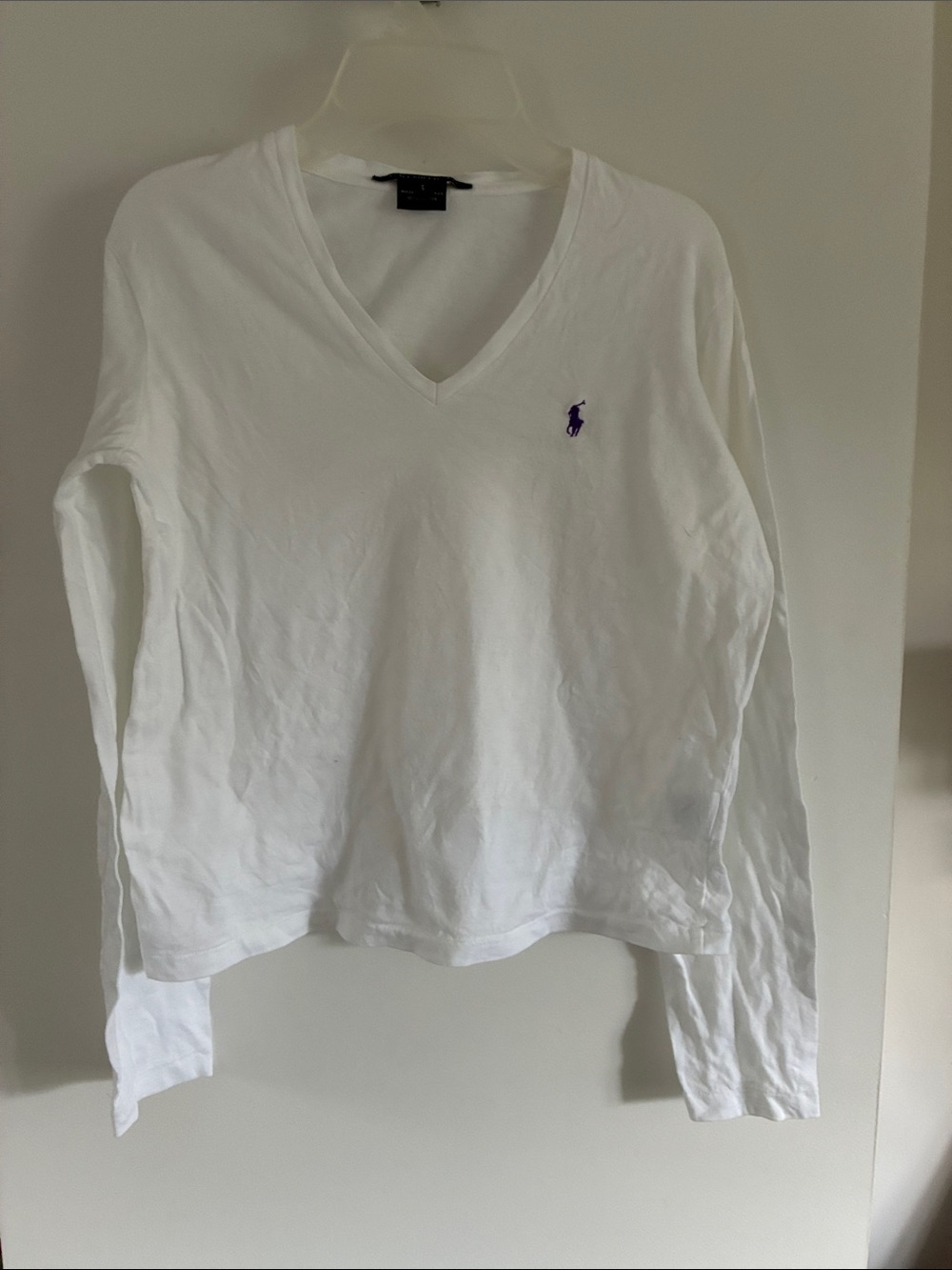 Ralph Lauren White V-Neck Long Sleeve Tee with Purple Pony